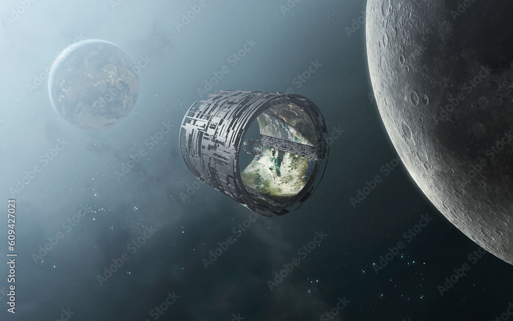 Canvas Prints 3d illustration of giant artificial earth spaceship. 5k realistic science fiction art. elements of i