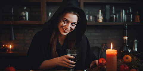 Beautiful young woman with makeup and dressed as a witch
