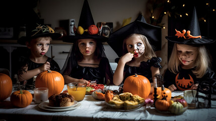 Kids dressed in halloween costumes sitting at the table