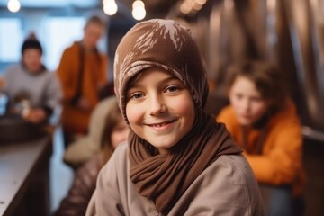 smiling little muslim girl in hijab looking at camera in cafe