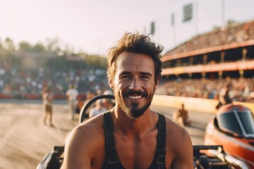 Portrait of a handsome young man with a beard on a race track