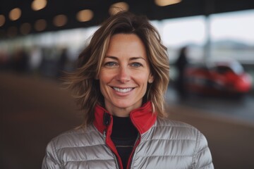Portrait of smiling woman in sports clothing in sports car park.