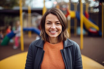 Portrait of a beautiful young woman smiling at the camera on a playground