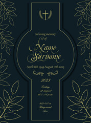 Funeral Ceremony Invitation Card with Foliage and Crucifix