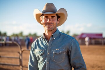 Medium shot portrait photography of a satisfied man in his 30s that is wearing a chic cardigan against a lively rodeo event with barrel racing and bull riding background . Generative AI