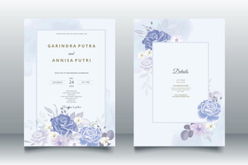  Elegant wedding invitation card with beautiful blue floral and leaves template Premium Vector