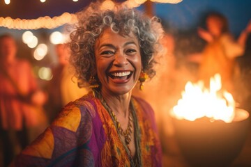Medium shot portrait photography of a satisfied woman in her 50s that is wearing a cozy sweater against a scenic hawaiian luau with performers and fire dancers background . Generative AI - obrazy, fototapety, plakaty