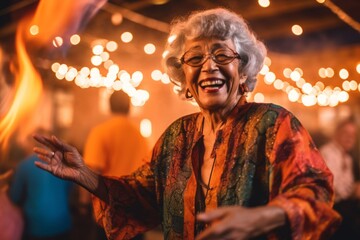 Portrait of senior asian woman dancing at music festival in nightclub