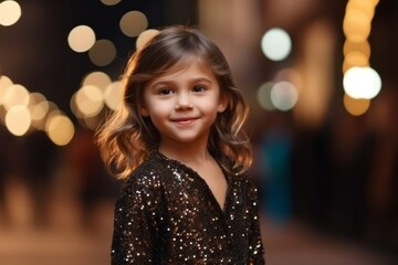 cute little girl in evening dress over night city lights bokeh background