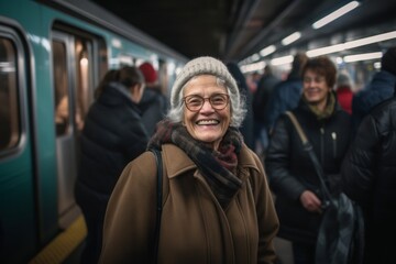 Medium shot portrait photography of a pleased woman in her 50s that is wearing a warm parka against a packed subway car during a rush hour background . Generative AI