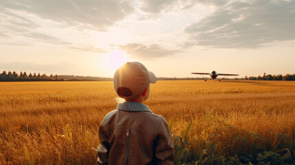 Back view of Child pilot aviator with airplane travel in sunset nature