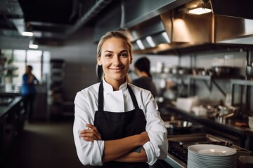 Obraz premium Portrait of a smiling female chef standing with arms crossed in a restaurant