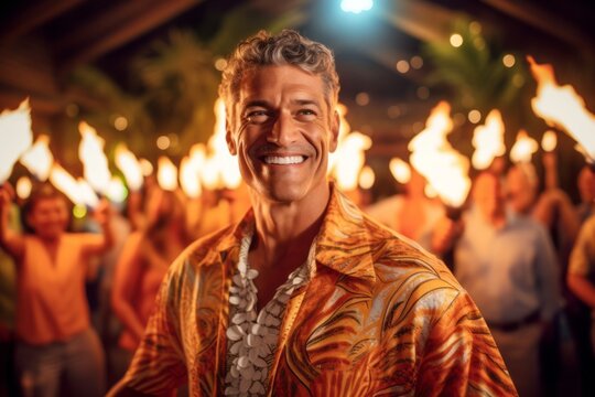 Medium shot portrait photography of a pleased man in his 40s that is wearing a chic cardigan against a scenic hawaiian luau with performers and fire dancers background . Generative AI