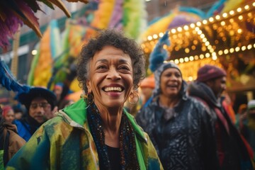 Medium shot portrait photography of a pleased woman in her 50s that is wearing a warm parka against a lively brazilian carnival with performers background . Generative AI