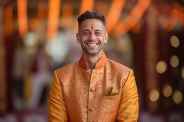 Fototapeta premium Portrait of a handsome young man in a yellow suit on a Christmas background