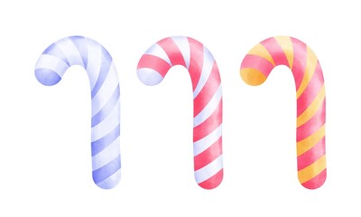 Set of watercolor candy cane clipart. Hand drawn watercolor candies illustration isolated on white background.