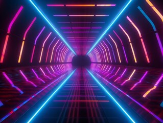 3d render, pink blue yellow neon lights, bright colorful tunnel, abstract geometric background, Generative AI