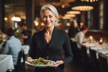 Portrait of a beautiful mature woman holding a plate of salad.