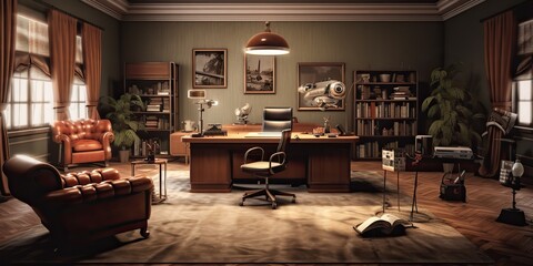 AI Generated. AI Generative. Retro vintage style office powerful big boss with massive table. Graphic Art