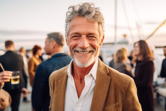 Close-up portrait photography of a satisfied man in his 60s that is wearing a chic cardigan against a luxurious yacht party with people mingling background . Generative AI