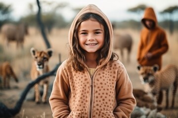 Fototapeta premium Portrait of a smiling little girl with cheetah in Africa