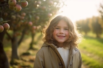 Portrait of a cute little girl in an apple orchard.
