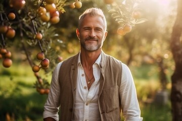 Medium shot portrait photography of a pleased man in his 40s that is wearing a chic cardigan against a sunlit apple orchard with ripe apples on trees background . Generative AI