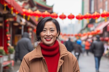 Fototapeta premium Portrait of a happy asian woman smiling in chinese temple