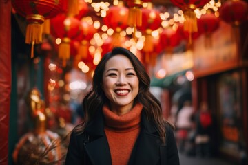 Obraz na płótnie Canvas Portrait of a beautiful young asian woman smiling with red lanterns in the background