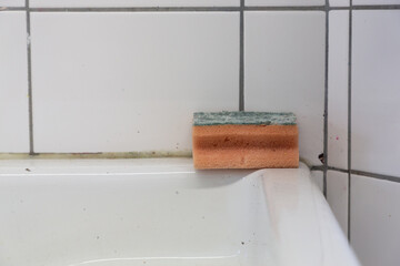 Ein Schwamm liegt zum Trocknen auf der Ecke eines Waschbeckens.