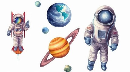 watercolor illustration. Astronaut spaceman rocket planet comet satellite. Set of space elements clip art isolated on white background, Generative AI - obrazy, fototapety, plakaty
