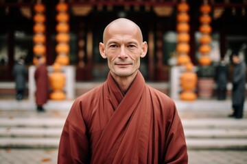 Medium shot portrait photography of a satisfied man in his 40s that is wearing a chic cardigan against a peaceful buddhist temple with monks praying background . Generative AI