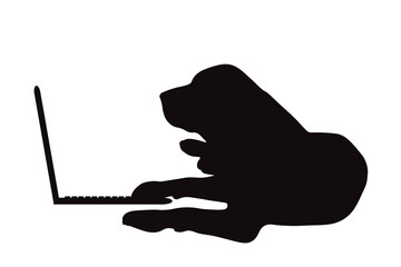 Vector silhouette of dog with laptop on white balground.