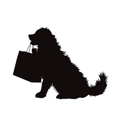 Vector silhouette of dog with shopping bag on white background.