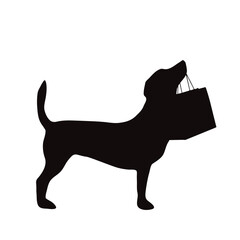 Vector silhouette of dog with shopping bag on white background.