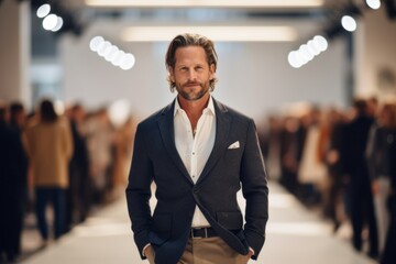 Medium shot portrait photography of a pleased man in his 40s that is wearing a chic cardigan against an elegant fashion show runway with models background . Generative AI