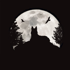Vector silhouette of dog on moon background. Symbol of night and pet animal.