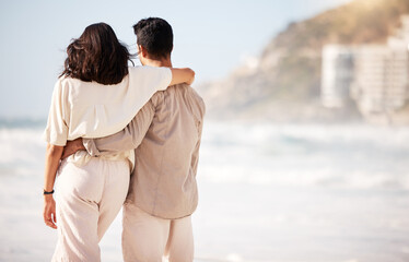 Couple hug on beach, ocean and back view with trust, travel and vacation in Mexico with love and bonding outdoor. Mockup space, summer and people together in nature with relationship and commitment