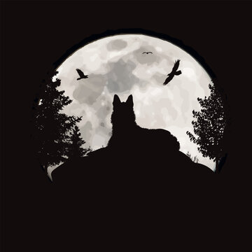 Vector silhouette of dog on moon background. Symbol of night and pet animal.