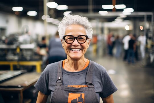 Medium shot portrait photography of a grinning woman in her 60s that is wearing a fun graphic tee against a busy factory assembly line with workers background . Generative AI