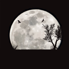 Vector silhouette of nature on moon background. Symbol of night and meadow.