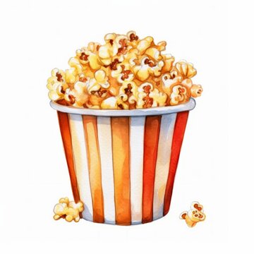 Red and White Bucket of Popcorn Isolated Watercolor-Style Illustration [Generative AI]