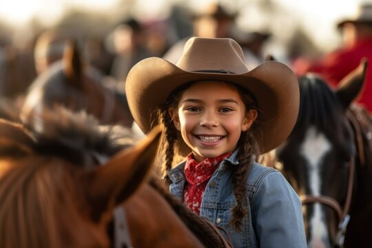 Close-up portrait photography of a pleased child female that is wearing a chic cardigan against a rodeo event with cowboys and horses background . Generative AI