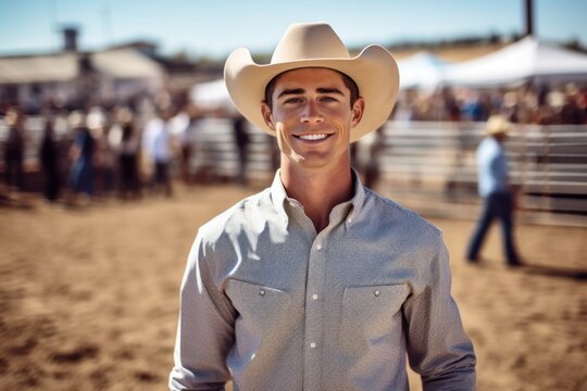 Portrait of a young man wearing a cowboy hat while standing at the rodeo
