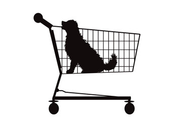 Vector silhouette of dog inside shopping cart on white background. Symbol of pet shop accessories and sale.