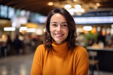 Portrait of a beautiful woman smiling at the camera in a cafe