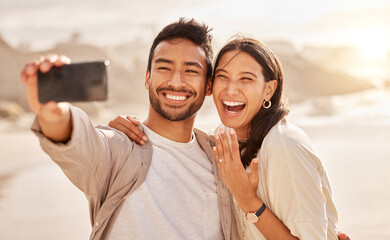 Engagement, selfie and couple with love, beach and bonding with happiness, celebration and romance....