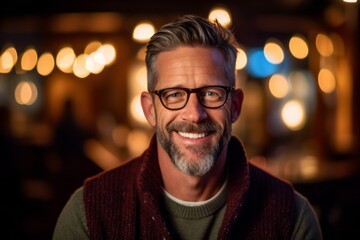 Portrait of smiling man wearing eyeglasses at bar counter in pub