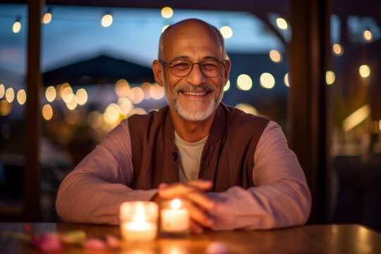 Medium shot portrait photography of a satisfied man in his 50s that is wearing hijab against a candlelit date night setting with a romantic ambiance background . Generative AI