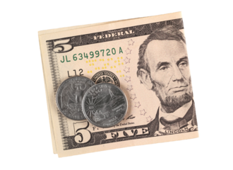 Folded five dollar bill and coin  quarter cents isolated on white	
